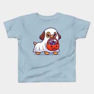 Cute Ghost Dog With Pumpkin Halloween Cartoon Kids T-Shirt